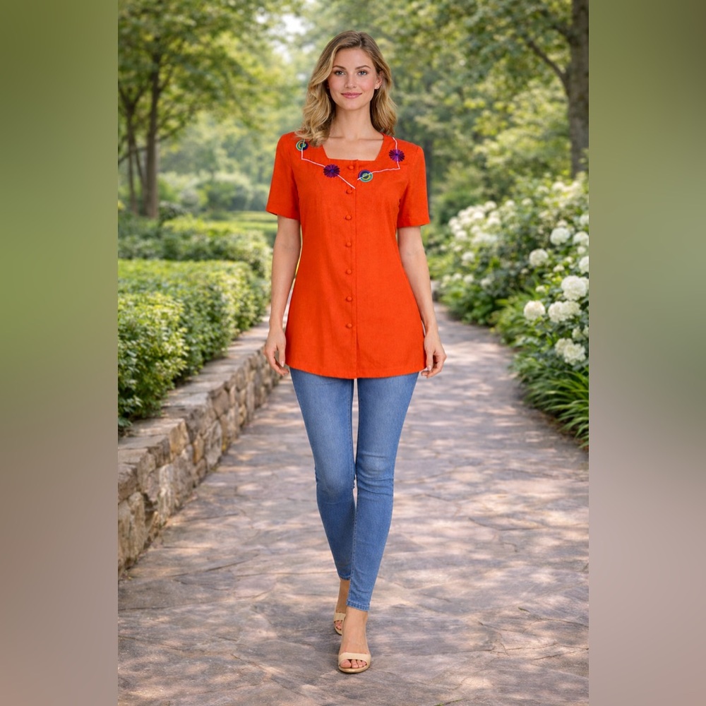Vintage Orange Embroidered Tunic Blouse Mini Dress Boho Floral Button Front S